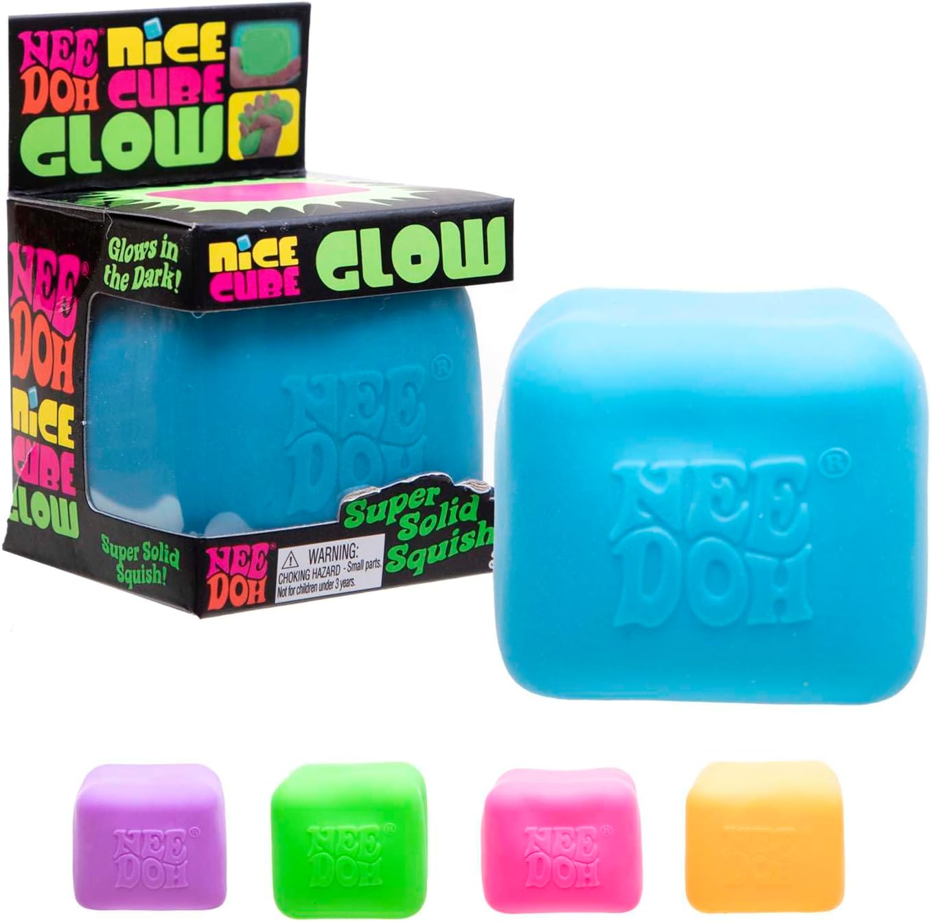 Schylling NeeDoh Nice Cube Glow - Sensory Toy with a Super Solid Squish - Glows in the Dark and Always Returns to its Square Shape - Color May Vary (1 Cube Per Pack)
