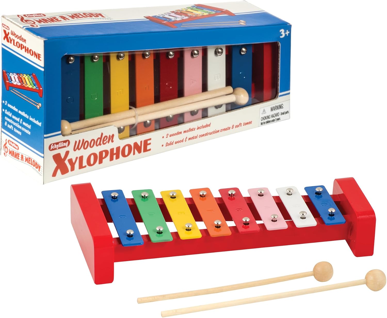 Schylling Wooden Xylophone - Colorful Kids Instrument - Includes Wooden Mallets and Embossed Metal Keys - Ages 3 and Up